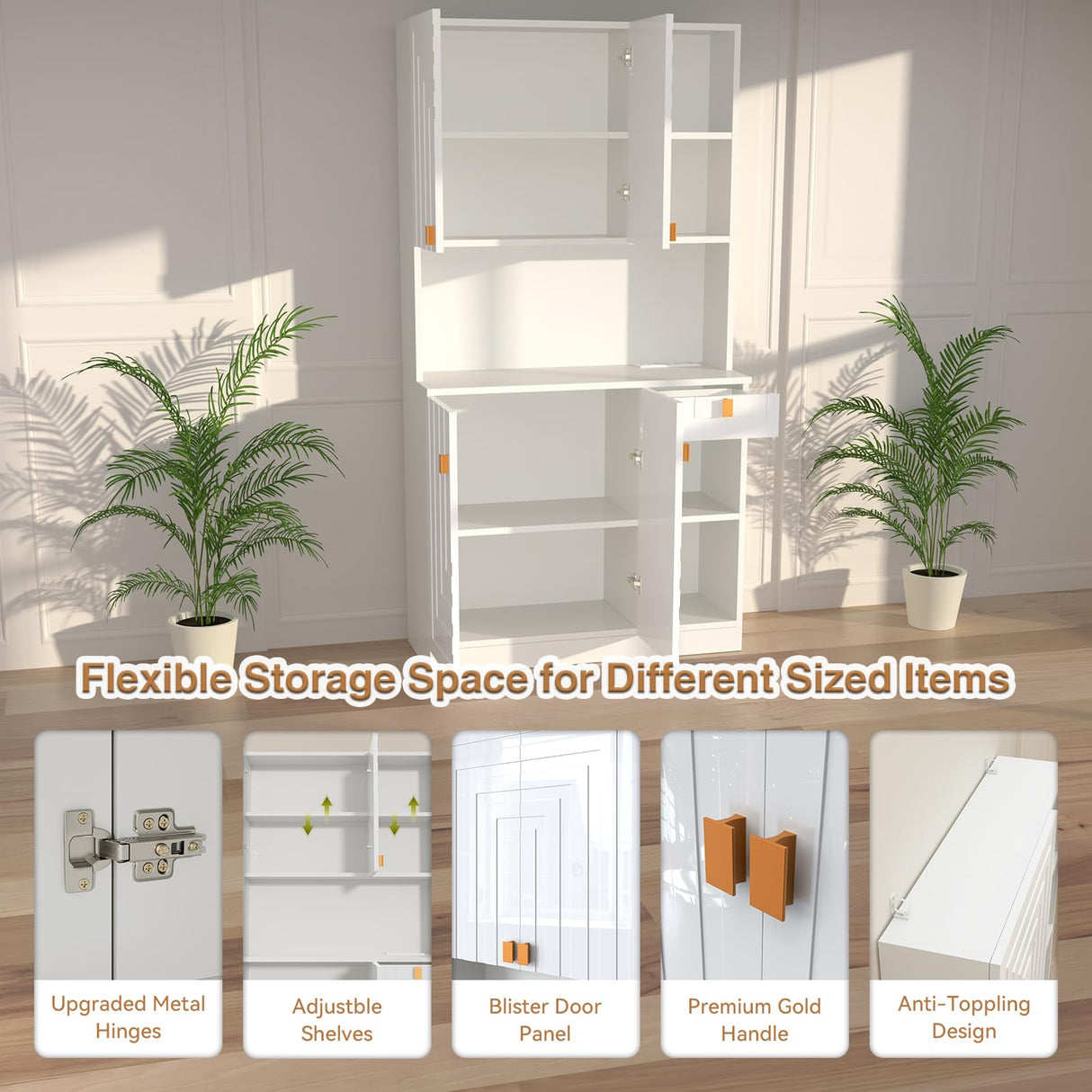 Buenhomino White Kitchen Pantry Cabinet, 71" Hutch Cabinet with Countertop & Power Outlet & Adjustable Shelves, High Gloss Wood Buffet Cabinet with Microwave Stand for Living Room, Dinning Room Buenhomino