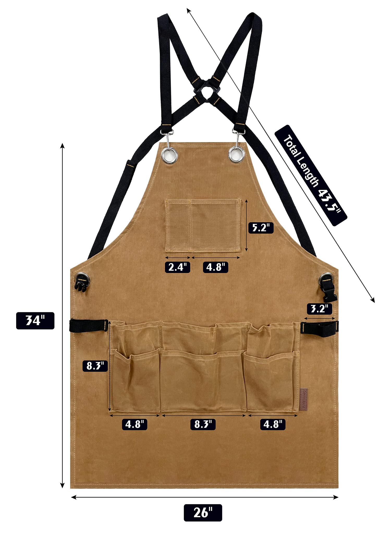 OPTIGRAM Waxed Canvas Durable Tool Apron, Heavy Duty Work Apron with 10 Pockets for Accessaries, Woodworking Work Shop Apron for Safty Protection (Khaki) - WoodArtSupply