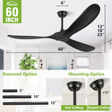 Haipeel 60 Inch Wood Ceiling Fans without Lights, Indoor Outdoor Ceiling Fan no Light with Remote Control, Modern Black Ceiling Fans no Lights 3 Blade Propeller for Farmhouse Garage ETL, Matte Black Haipeel