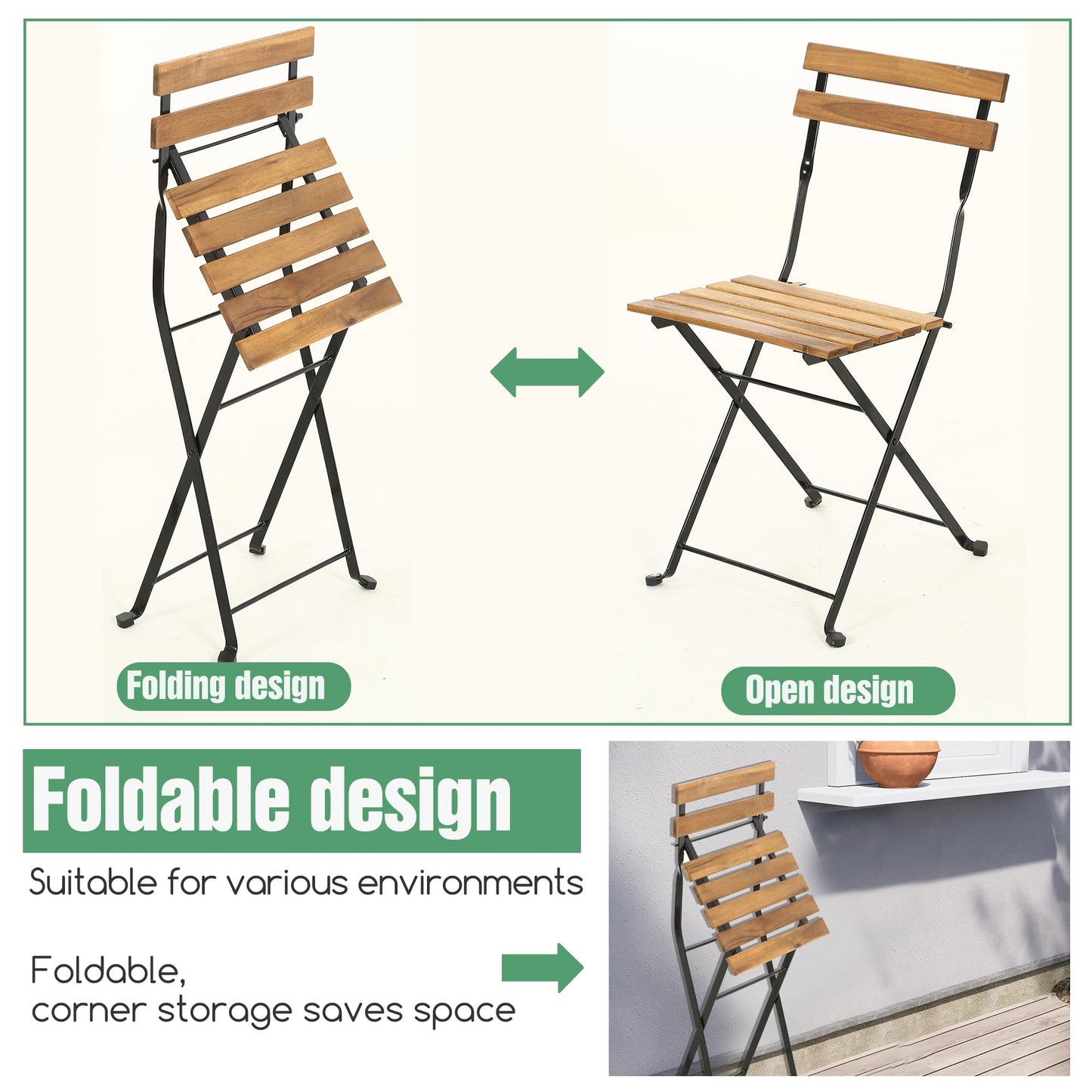 3 Pieces Bistro Set Outdoor Furniture Sets 2 Folding Chairs and Table Steel Frames and Weather-Resistant Wood Portable Design for Bistro & Balcony (Natural) - WoodArtSupply