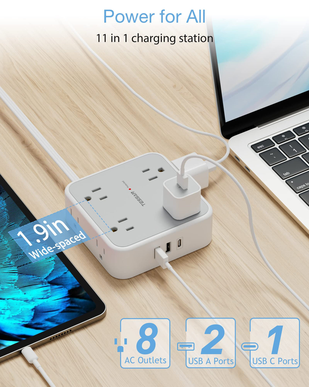 Surge Protector Flat Extension Cord Flat Plug Power Strip, 8 AC Outlets, 3 USB Charger(1 USB C Port) 3-Sided Outlet Extender, 5 Ft, 900 Joules Protection, Office Supplies, Dorm Room Essentials, Grey TESSAN