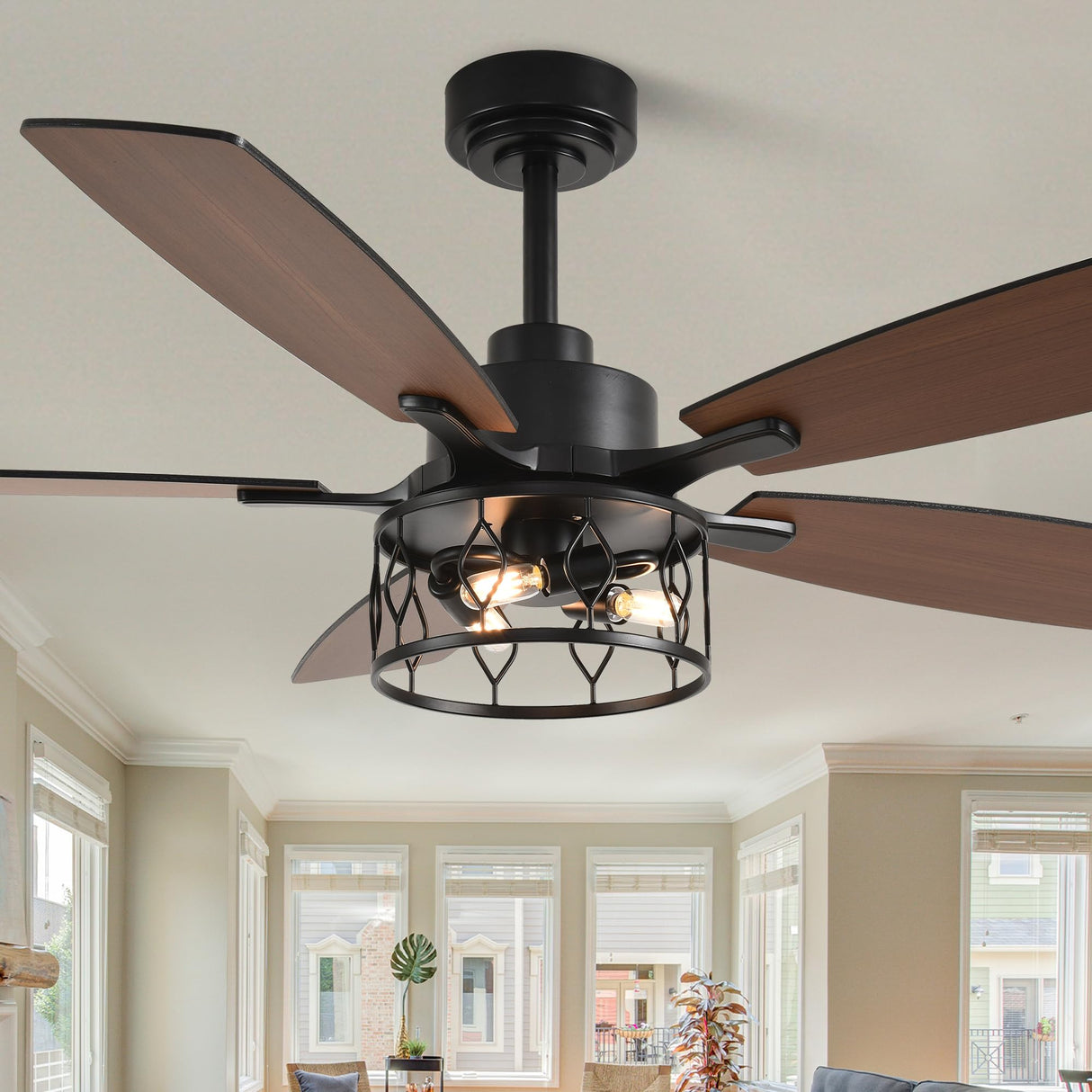 Curve Curio 52 Inch Farmhouse Ceiling Fan with Light and Remote Industrial Ceiling Fan Quiet and Reversible DC Motor Rustic Caged Chandelier Fan for Living Room Bedroom Patio Curve Curio