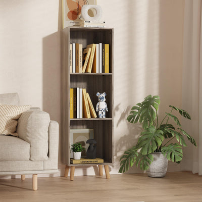 Lkeiyay Wooden 3 Cube Open Bookcase,3 Tier Mid-Century Bookshelf with Legs, Modern Storage Display Cabinet Organizer Bookshelves for Bedroom,Living Room,Office (Grey)