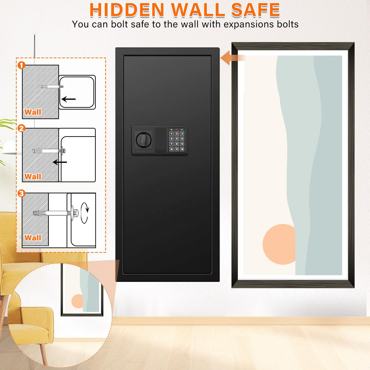 33.46" Tall Fireproof Wall Safes Between the Studs 16" Centers, Heavy Duty Combination Lock in Wall Safe with 3 Removable Shelf, Hidden Safe for Money, Jewelry, Document, Passport Tiskgg