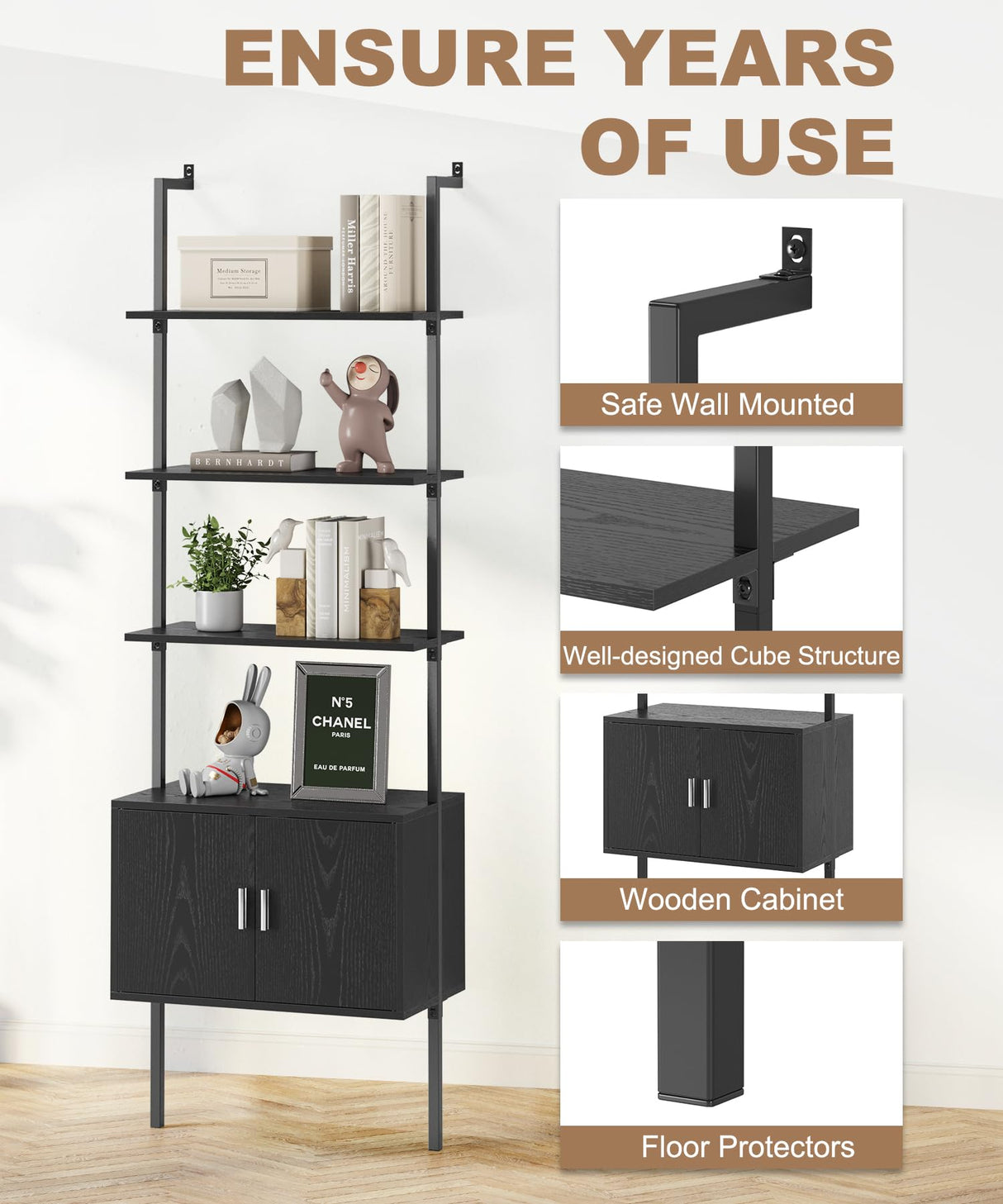 Gadroad 73" Tall Bookshelf with Cabinet, Wall Mounted Industrial Ladder Bookcase with Wood and Metal Frame, 5 Tier Plant Shelf Display Storage Shelves for Living Room Bedroom, Black Gadroad