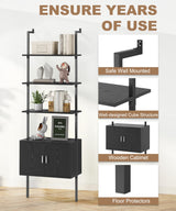 Gadroad 73" Tall Bookshelf with Cabinet, Wall Mounted Industrial Ladder Bookcase with Wood and Metal Frame, 5 Tier Plant Shelf Display Storage Shelves for Living Room Bedroom, Black Gadroad