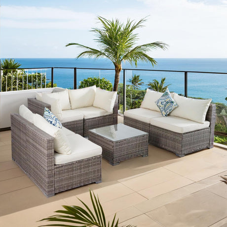 7 Piece Outdoor Patio Sectional Sofa Set, All-Weather Wicker Patio Furniture Set, with able Cushions & Tempered Glass Table for Backyard, Poolside, Garden Patio Conversation Sets Generic
