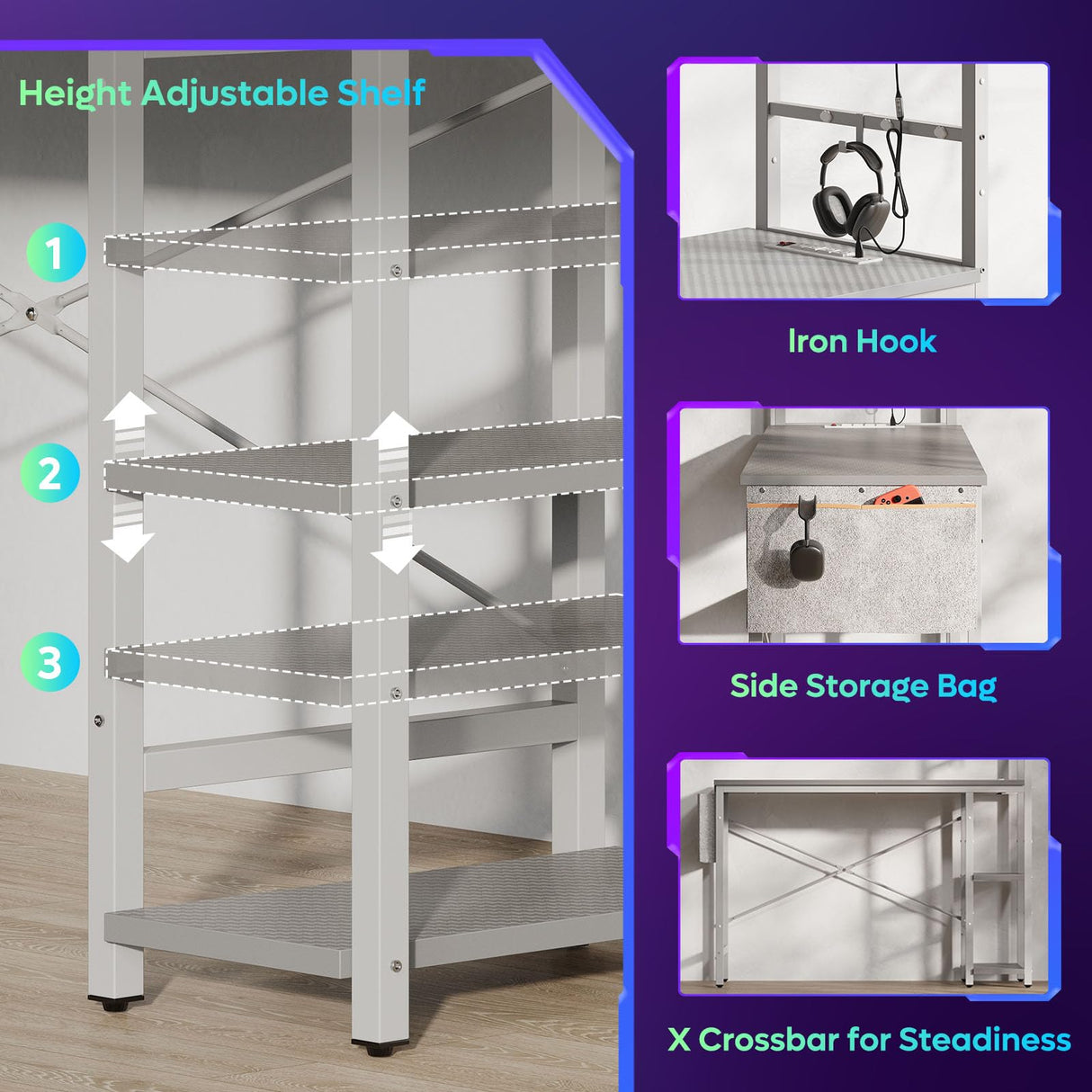 Bestier Gaming Desk with Power Outlets, 44 Inch Led Gamer Desk with 4 Tiers Reversible Shelves, PC Gaming Table with Headset Hook & Side Storage Bag for Bedroom (Grey 3D Carbon Fiber) Bestier