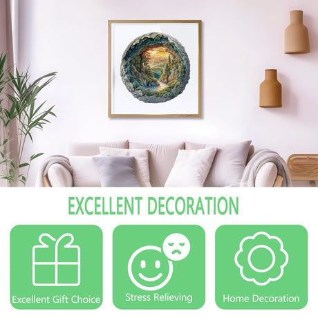 Wooden Puzzles for Adults, 3D Vision Effects Cave Forest Wooden Jigsaw Puzzles for Adults, Unique Shape, Hill Sunset Forest Trail Landscape Wood Puzzles Adult, Home Decor (S-8.5 * 8.4in-100 pcs) Pijesaksa