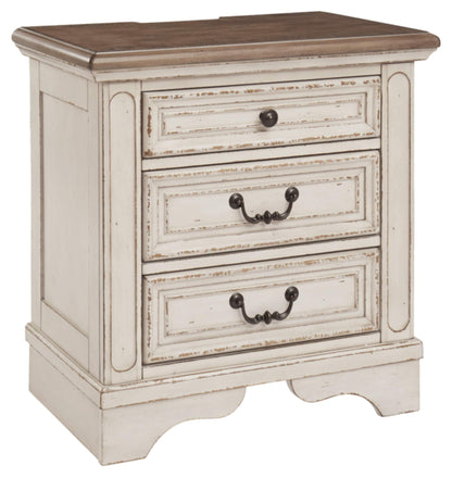 Signature Design by Ashley Realyn French Country 3 Drawer Nightstand with Electrical Outlets & USB Ports, Chipped White - WoodArtSupply