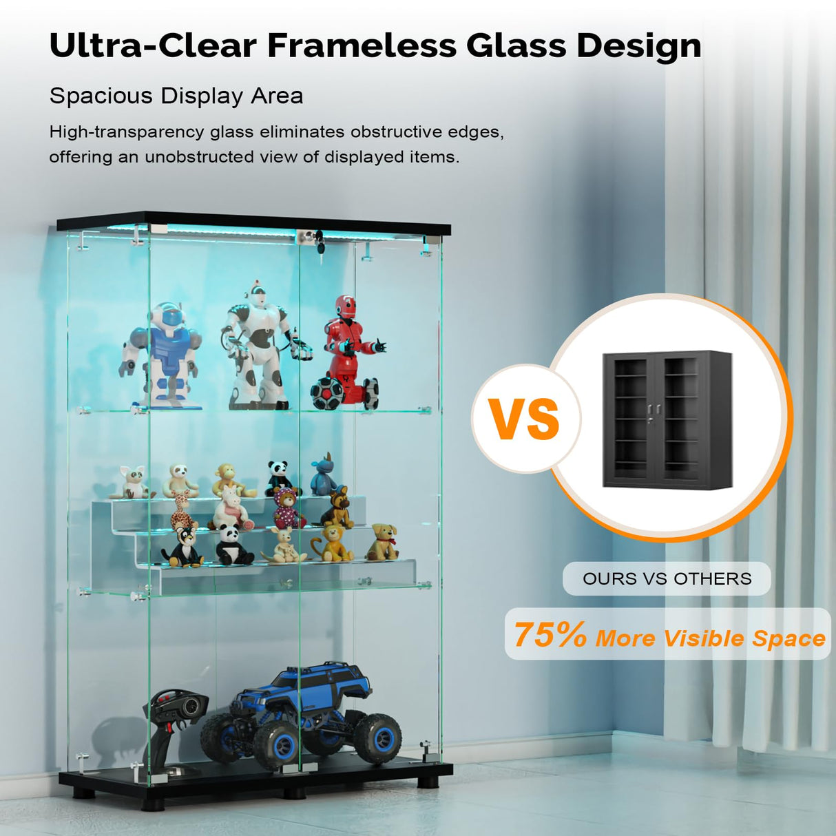 VINGLI Glass Display Cabinet with 3 Shelves, Double Doors and Lock, Floor Standing Curio Cabinets with LED Light, Upgraded Tempered Glass Bookshelf, for Living Room Living Room Bedroom Office, Black VINGLI