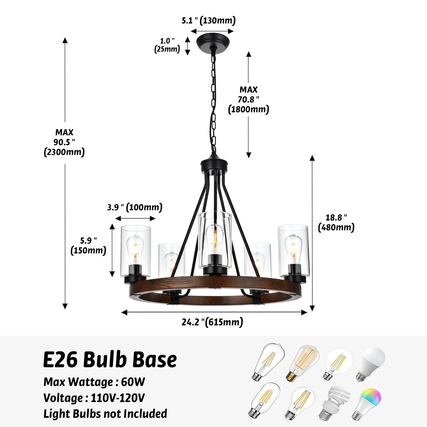 MILUCES 5 Lights Wagon Wheel Chandelier Farmhouse Wood Pendant Lights with Clear Glass Shade, Industrial Country Style Large Round Pendant Light Fixture for Foyer Dining Room Kitchen Island