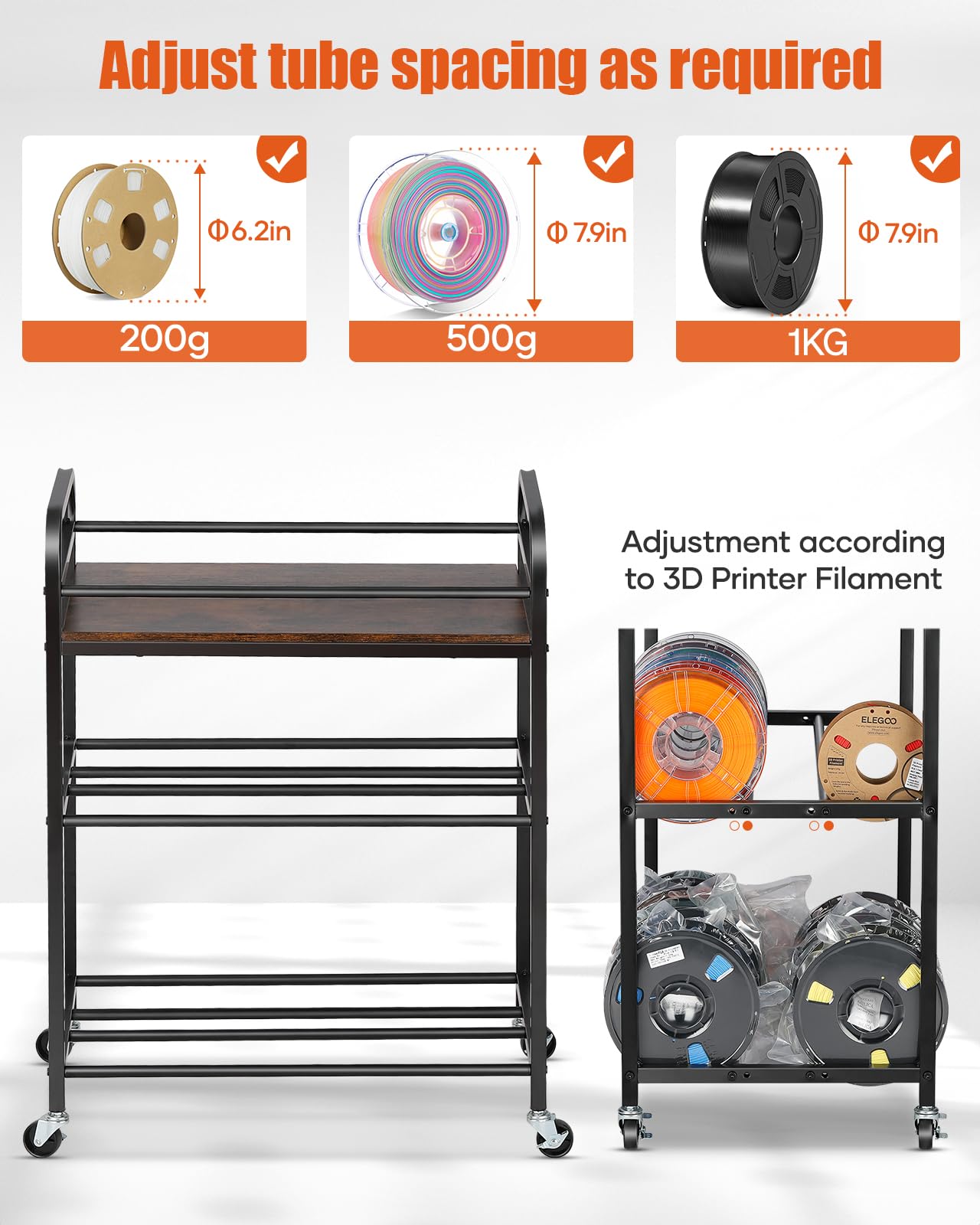 3D Printer Filament Storage Rack- Rolling Filament Spool Holders Racks with Wheels, Heavy Duty Metal Shelf for PLA/ABS/TPU/Nylon, Filaments Organzied for 3D Printing Studio, Office Workshop (Brown)