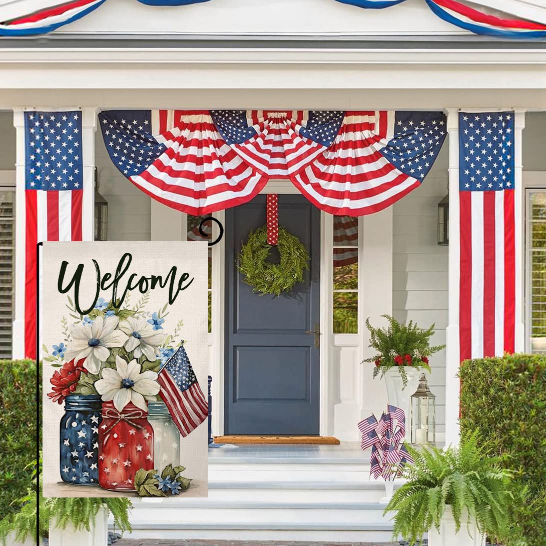 4th of July Floral Garden Flag 12x18 Vertical Double Sided Patriotic Mason Jar Flowers Red Blue Memorial Day Independence Day Holiday Outside Decorations Burlap Yard Flag BW321 BLKWHT