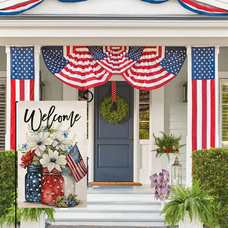4th of July Floral Garden Flag 12x18 Vertical Double Sided Patriotic Mason Jar Flowers Red Blue Memorial Day Independence Day Holiday Outside Decorations Burlap Yard Flag BW321 BLKWHT