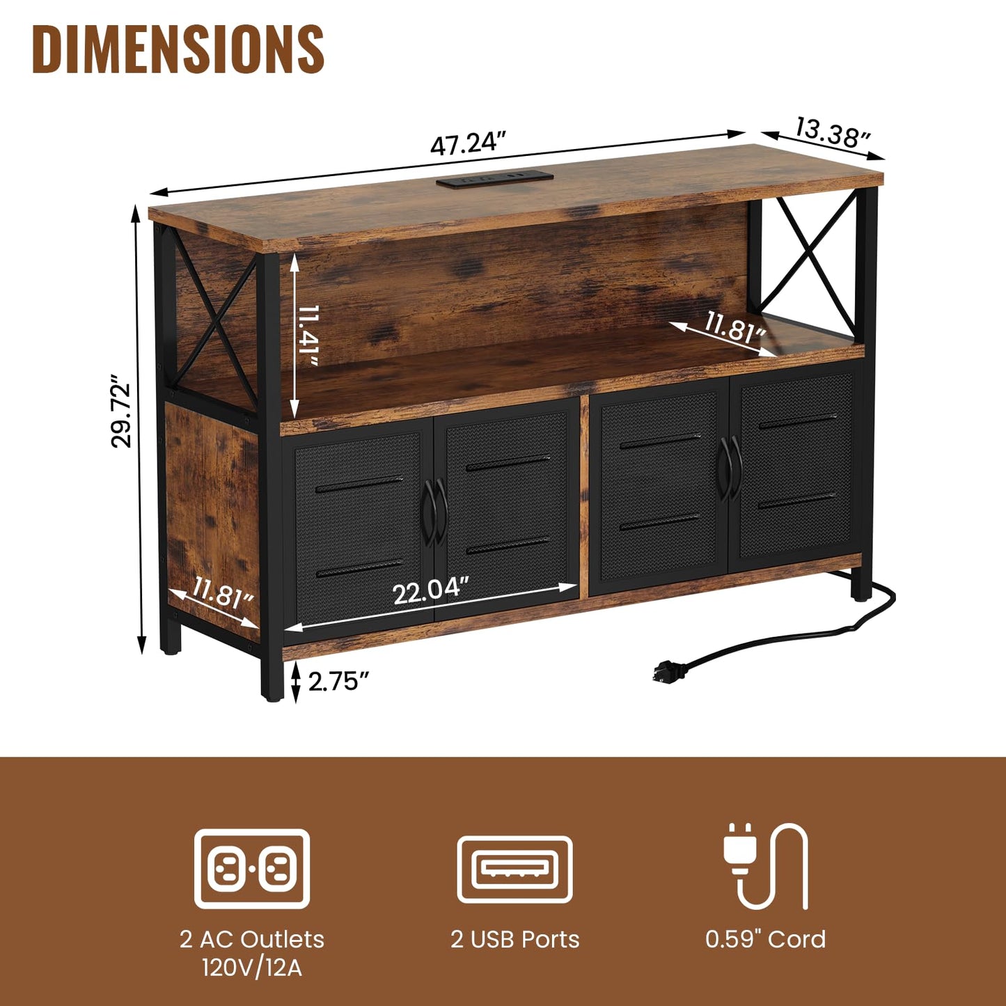 AWQM Retro Sideboard Buffet Cabinet with Power Outlet & USB Port, Industrial Wood Farmhouse Coffee Bar Cabinet with Storage, Console Table for Kitchen, Dining Room, Living Room, Hallway, or E - WoodArtSupply