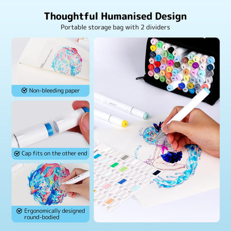 HOTU Alcohol Markers Brush Tip -60 Virant Colors Daul Tips Art Markers Set, for Artist Adults Coloring Illustrations, with Seamless Blending, Colorless Blender, Anti-Bleeding Pad, &Premium Ink HOTU