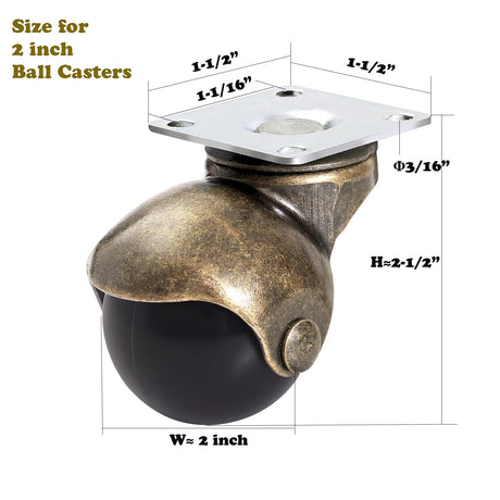 ENYKE 2 Inch Ball Caster Wheels, Vintage Wheels for Furniture, Antiqure Brass Swivel Casters Set of 4 for Coffee Table, Ottoman Heavy Duty 360LBS Capacity (16 Screws Included) ENYKE