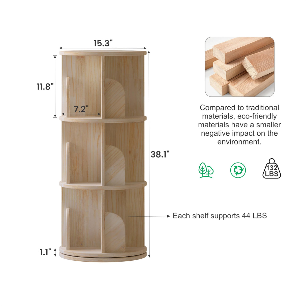 ZeeFu Rotating Bookshelf, 3 Tier 360° Spinning Bookcase Lazy Susan Tower, Multi-Functional Standing Book Shelf Storage Round Carousel for Kids&Adults, Bedroom, Living Room, Study Room, Small Space ZeeFu