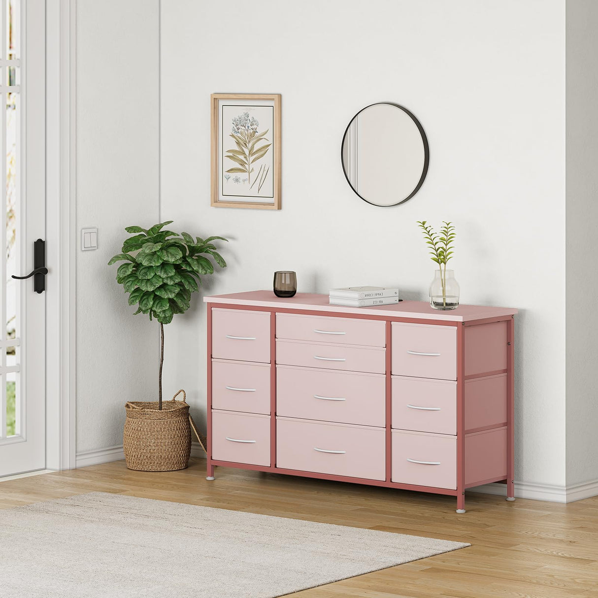 Jojoka Wide Dresser with 10 Large Drawers for 55'' Long TV Stand with Power Outlet Entertainment Center, Storage Fabric Drawer Unit for Bedroom, Closet, Entryway, Sturdy Metal Frame, Pink Jojoka
