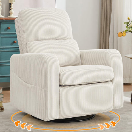 AEMEIOS Swivel Rocker Recliner, Oversized Manual Nursery Glider Rocking Recliner Chair with Removable Cushion, Upholstered Swivel Reclining Chair for Nursery Living Room Bedroom, Corduroy White AEMEIOS
