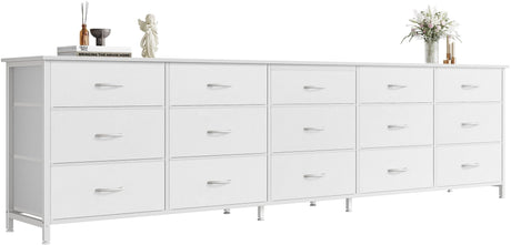 Huuger 78.7 inch Long Dresser for Bedroom, 15 Drawer Fabric Dresser for Closet, Large TV Stand for 65, 75, 85 inch TV, Wide Chest of Drawer with Storage, 78.7" W x 12.9" D x 26.7" H, White Huuger