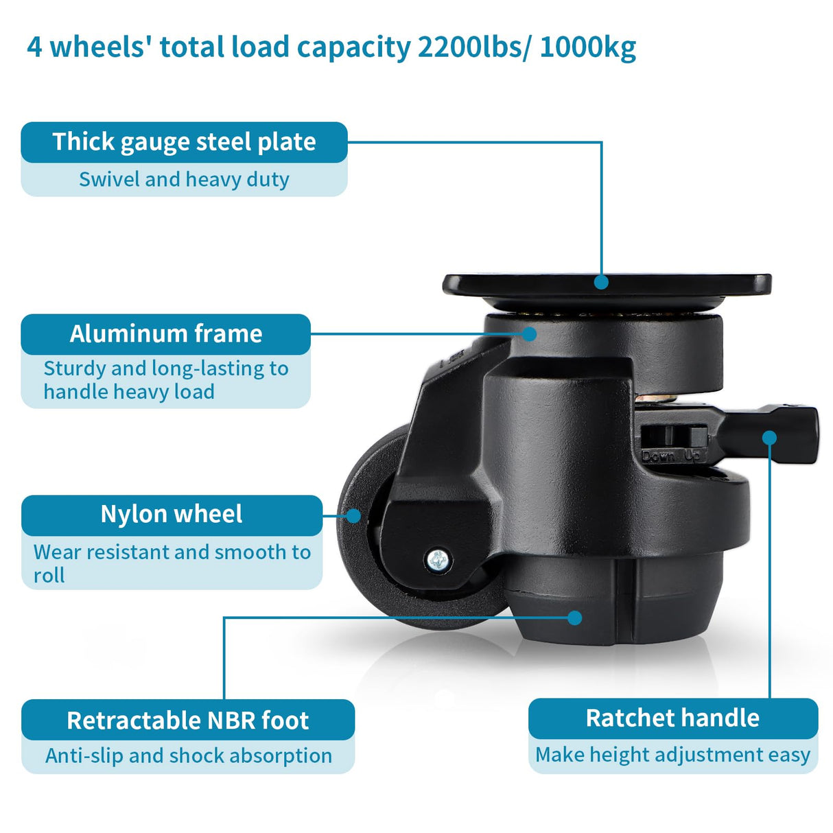 Skelang 4 Pcs Leveling Machine Caster, Retractable Plate Caster with Ratchet Handle, Adjustable Caster Wheel for Heavy Duty Workbench, Machine Skelang