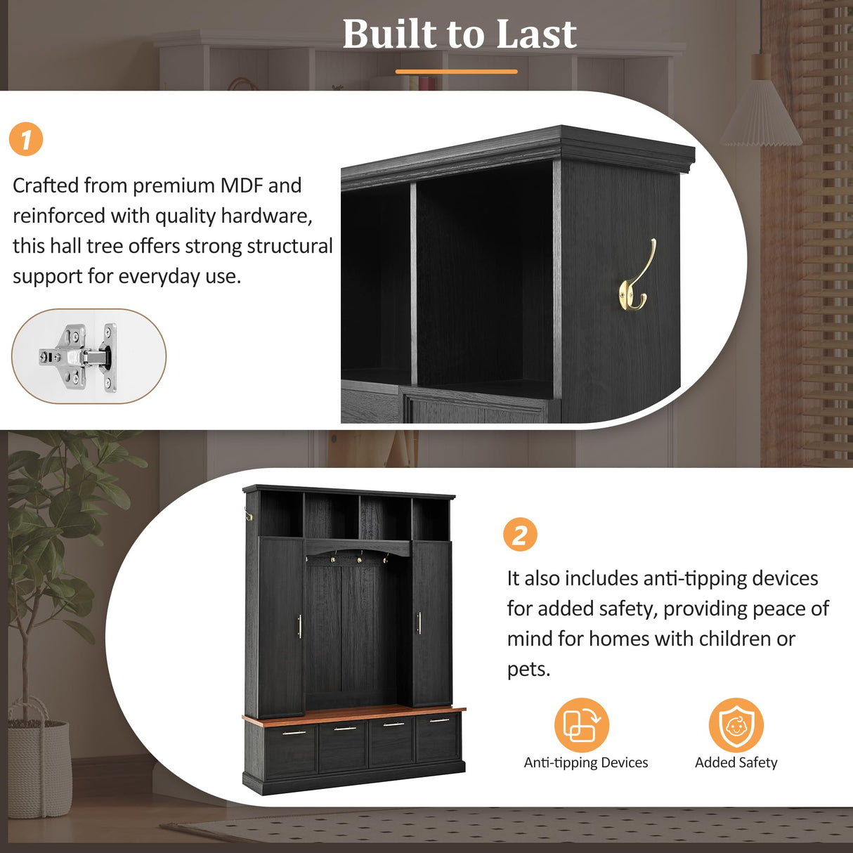 Merax 59" Farmhouse Hall Tree with Golden Hooks & Walnut Bench, Entryway Organizer with Adjustable Shelves, Shoe Storage, Anti-Tip for Mudroom, Living Room, Black Merax