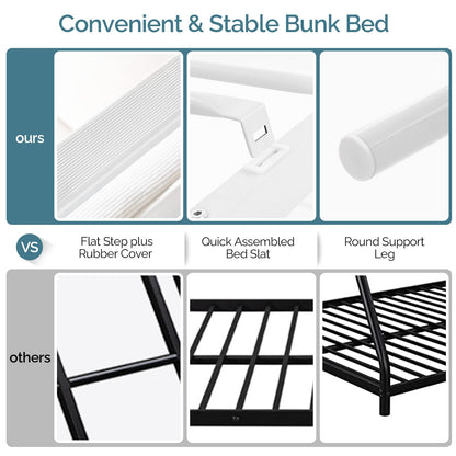 VINGLI Loft Bed Twin for Kids Loft Bunk Bed Frame with Stairs/Flat Ladder Rung,Metal Single Loft for Adults, No Box Spring Required, White