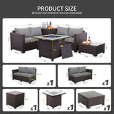 WAROOM 5 Pieces Patio Furniture Set PE Wicker Outdoor Brown Rattan Sectional Sofa Loveseat Couch Conversation Chair with Storage Bin Coffee Table and Propane Fire Pit, Anti-Slip Grey Cushion WAROOM