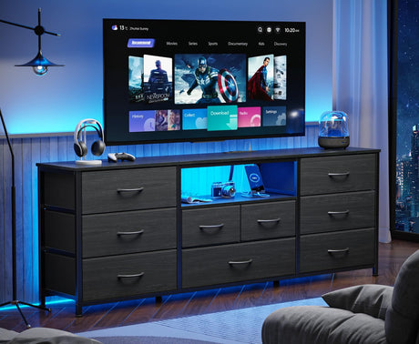 Furnulem 9 Drawer Dresser, 63” Long TV Stand for Bedroom, Entertainment Center with Power Outlet & LED Light for 65"-75" TV, Black Dresser with Fabric Storage Drawers for Closet Furnulem