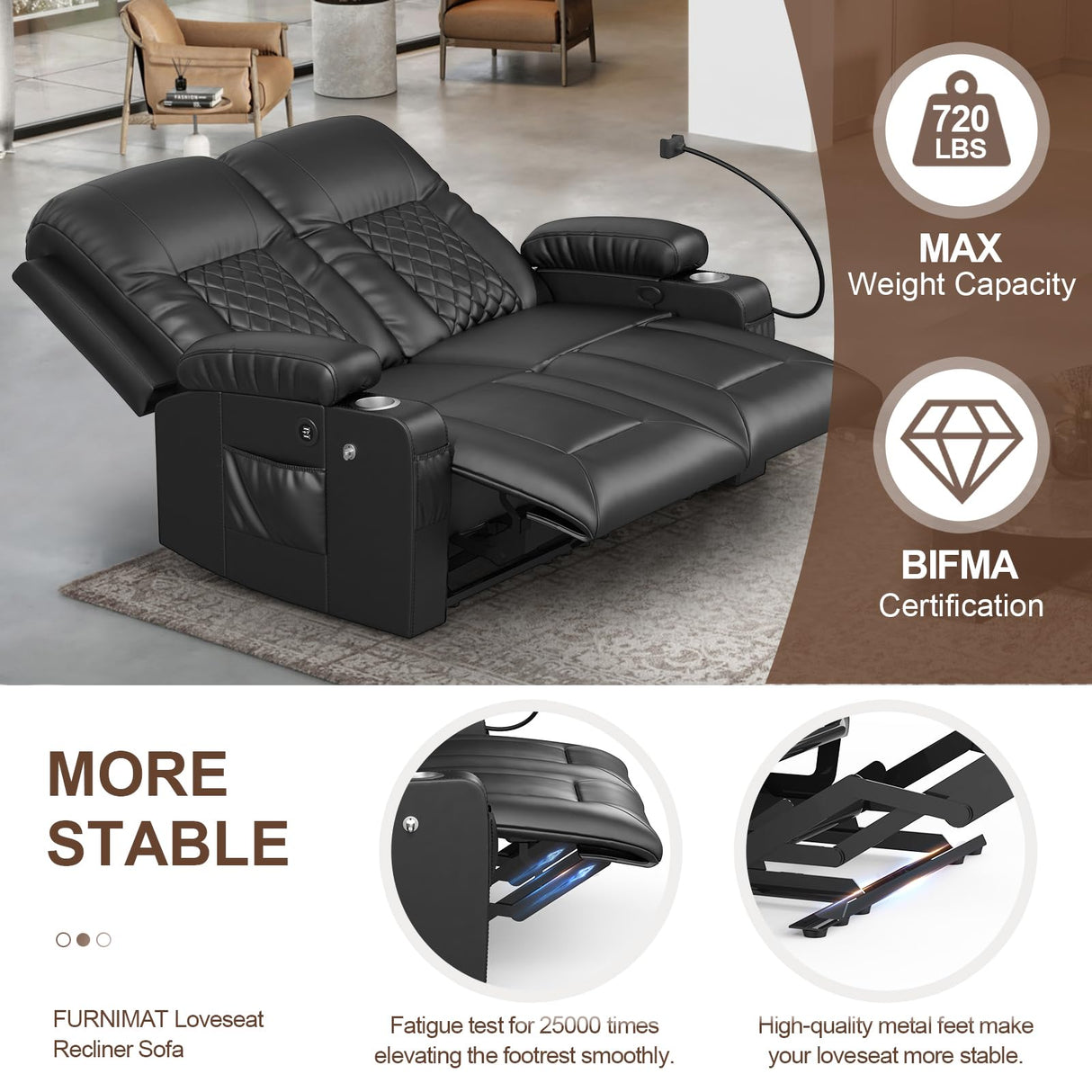 FURNIMAT Loveseat Recliner Sofa, 2 Seater Reclining Loveseat Sofa, PU Leather Recliner Loveseat Couch, Modern Recliner Chair for Living Room, with Cup Holder and 2 Cell Phone Holder, USB Ports, Black FURNIMAT