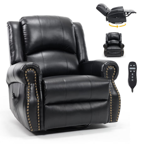 RHHVVR Classic Rivets Leather Power Recliner Chair for Living Rooms, Swivel Rocker Recliner Chair with Heat and Massage, Wall Hugger Glider Reclining Sofa for Small Spaces, Black RHHVVR