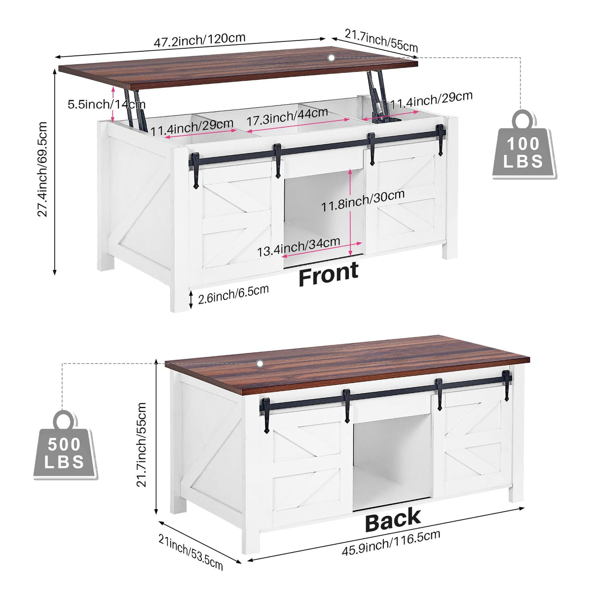 Redlife Lift Top Coffee Table, Coffee Table with Storage, 47" White Coffee Table with Lifting Top, Lifting Tabletop with Sliding Barn Door for Living Room, Office, Farmhouse Coffee Table Redlifeᅟᅠ