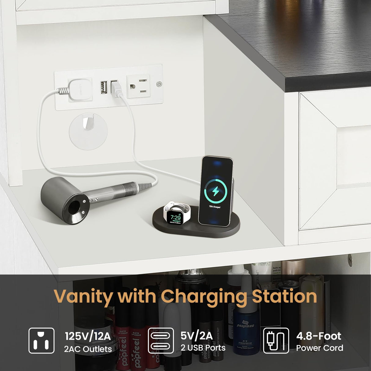 elifine Vanity with Lighted Mirror - Farmhouse Makeup Vanity Desk with 4 Drawers, 1 Cabinet and Power Outlet, 3 Color Lighting Modes Adjustable Brightness elifine