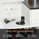 elifine Vanity with Lighted Mirror - Farmhouse Makeup Vanity Desk with 4 Drawers, 1 Cabinet and Power Outlet, 3 Color Lighting Modes Adjustable Brightness elifine