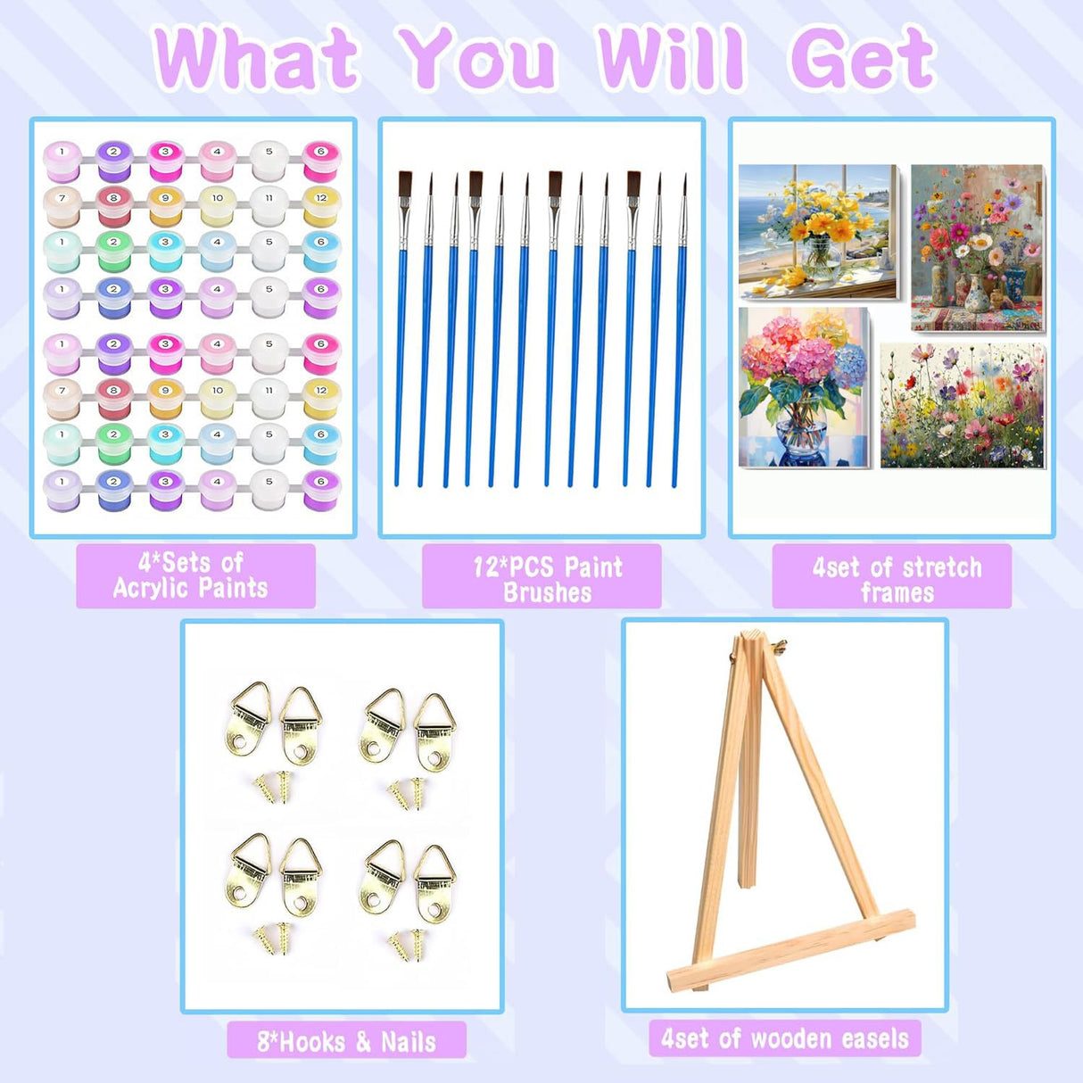 VIGEGU 4 Pack Paint by Numbers Kit for Adults with Frame,Paint by Number with Wooden Easel DIY Flower Adult Paint by Number Kits for Home Decor12x16-13.8x13.8 inch VIGEGU