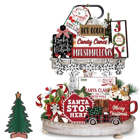 Quimoy 19 Pcs Christmas Tiered Tray Decor, Winter Tiered Tray Decorations Set Snowflake Candy Canes Xmas Tree Wooden Sign, Christmas Table Decor for Home Kitchen, Rustic Farmhouse Party Favors Quimoy