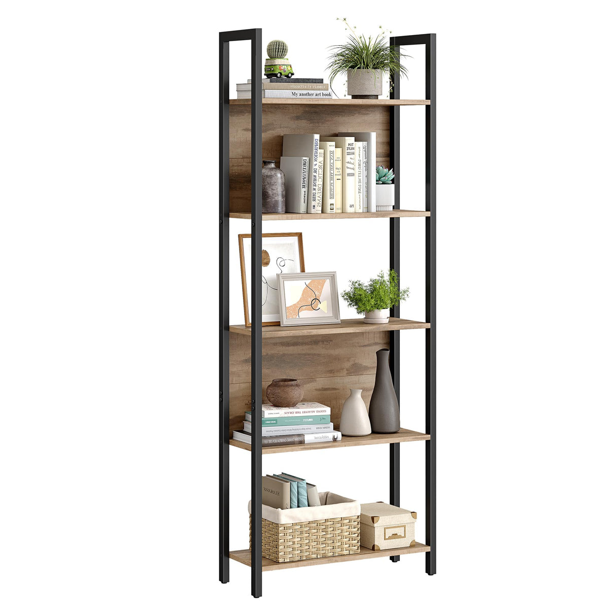 VASAGLE Industrial 5-Tier Bookshelf with Steel Frame in Rustic Walnut and Black VASAGLE