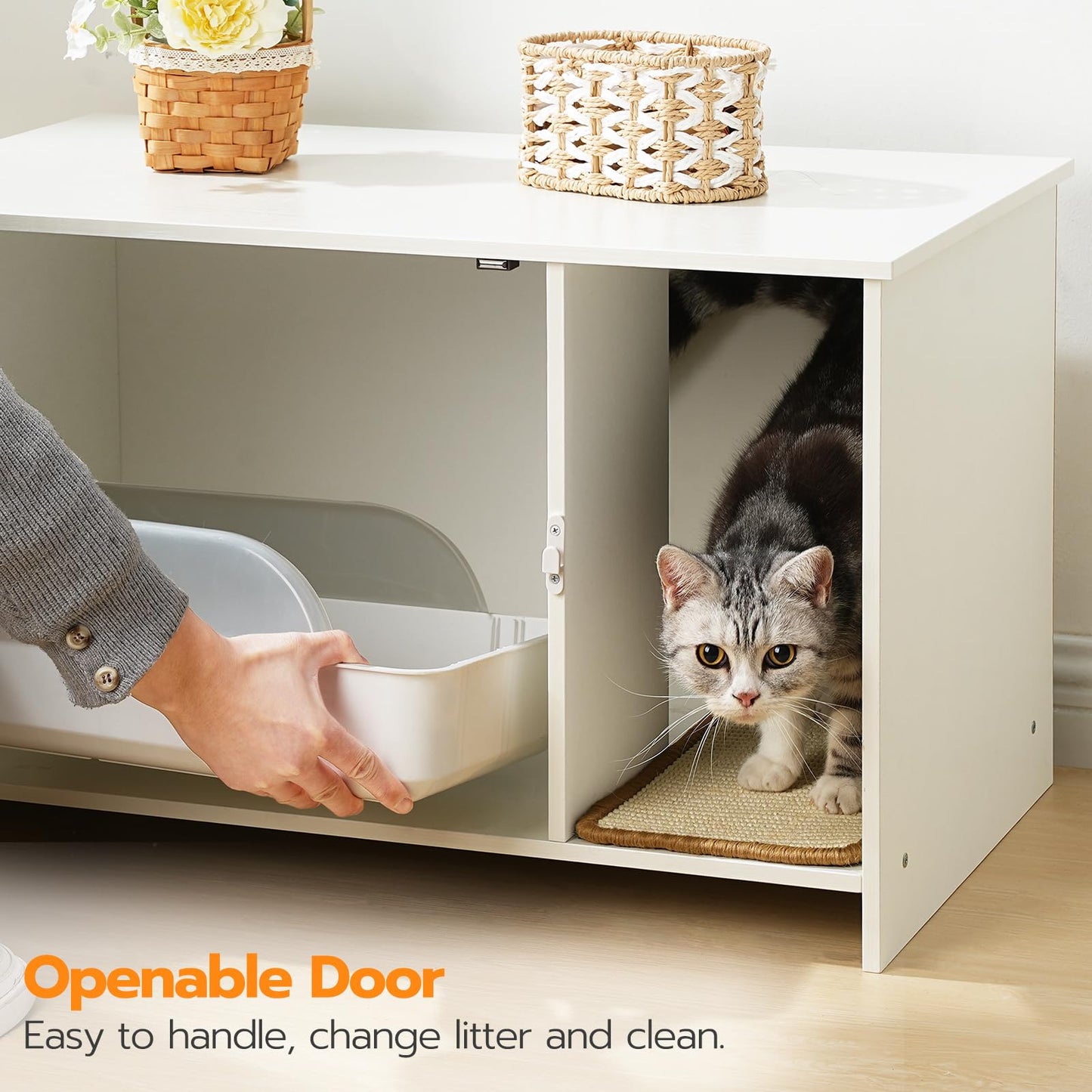 HOOBRO Cat Litter Box Enclosure with Rattan Door, Hidden Litter Box Furniture, Large Litter Box Enclosure with Adhesive Cat Scratching Mat, Coffee Table, 31.4" L x 17.7" W x 18.1" H, White WY18MW01