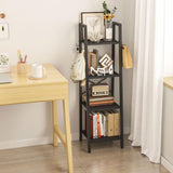 YMYNY 4 Tiers Ladder Bookcase, Industrial Narrow Bookshelf, Open Display Rack with 4 S Hooks, Metal Storage Shelves for Bedroom, Home Office, Living Room, Black, 49.2H*13.4L*11.8W, UHBC024B YMYNY