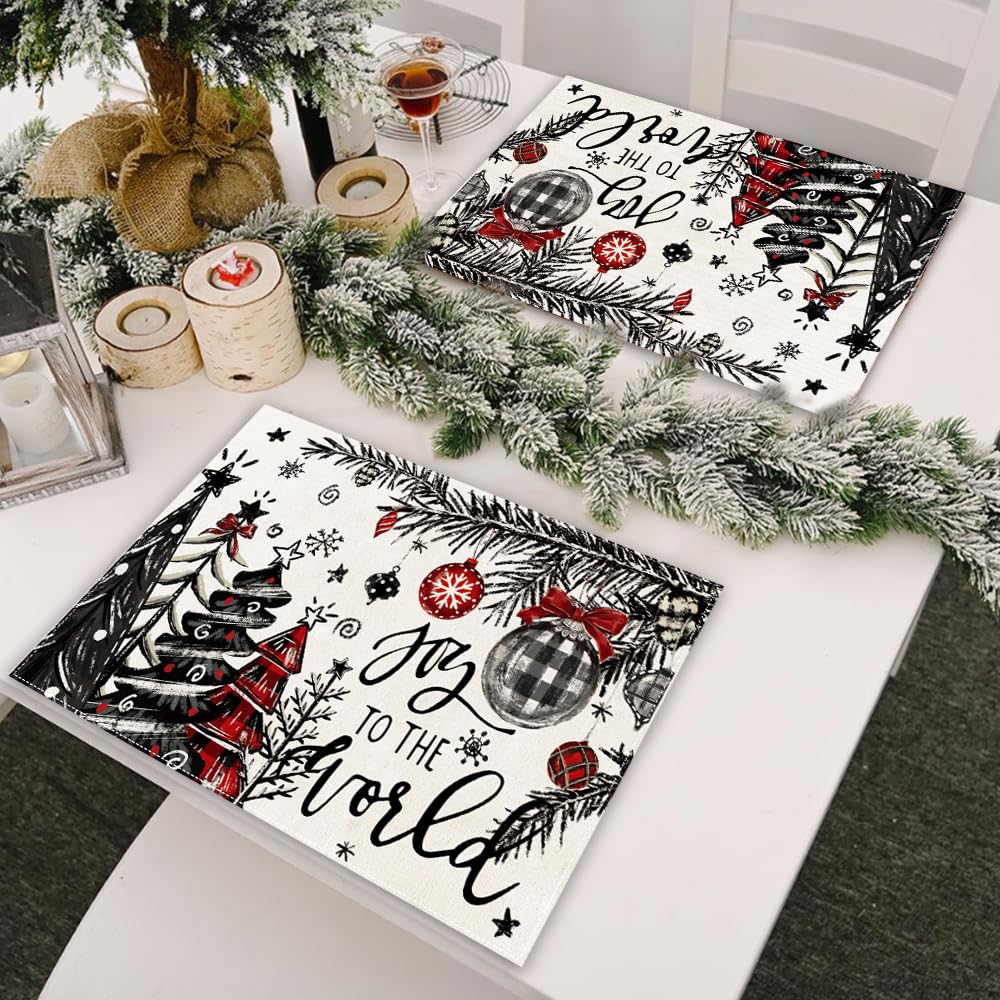 Heirloom Haven Christmas Placemats Set of 4, 12x18 Inch Christmas Tree Xmas Ball Table Mats Winter Joy to The World Seasonal Holiday Place Mat Table Decoration for Kitchen Dining Home Party Decor Heirloom Haven