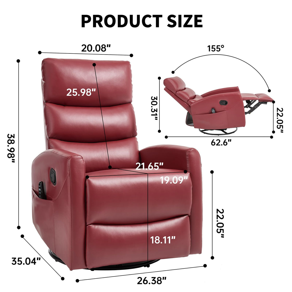 Massage Chair Recliner with Heat, Swivel Rocking Chair Recliner with High Back, Manual Lazy Boy Recliners for Adults,Small Recliner Chair for Small Spaces, Living Room Bedroom, Fabric (Red) Thctvous
