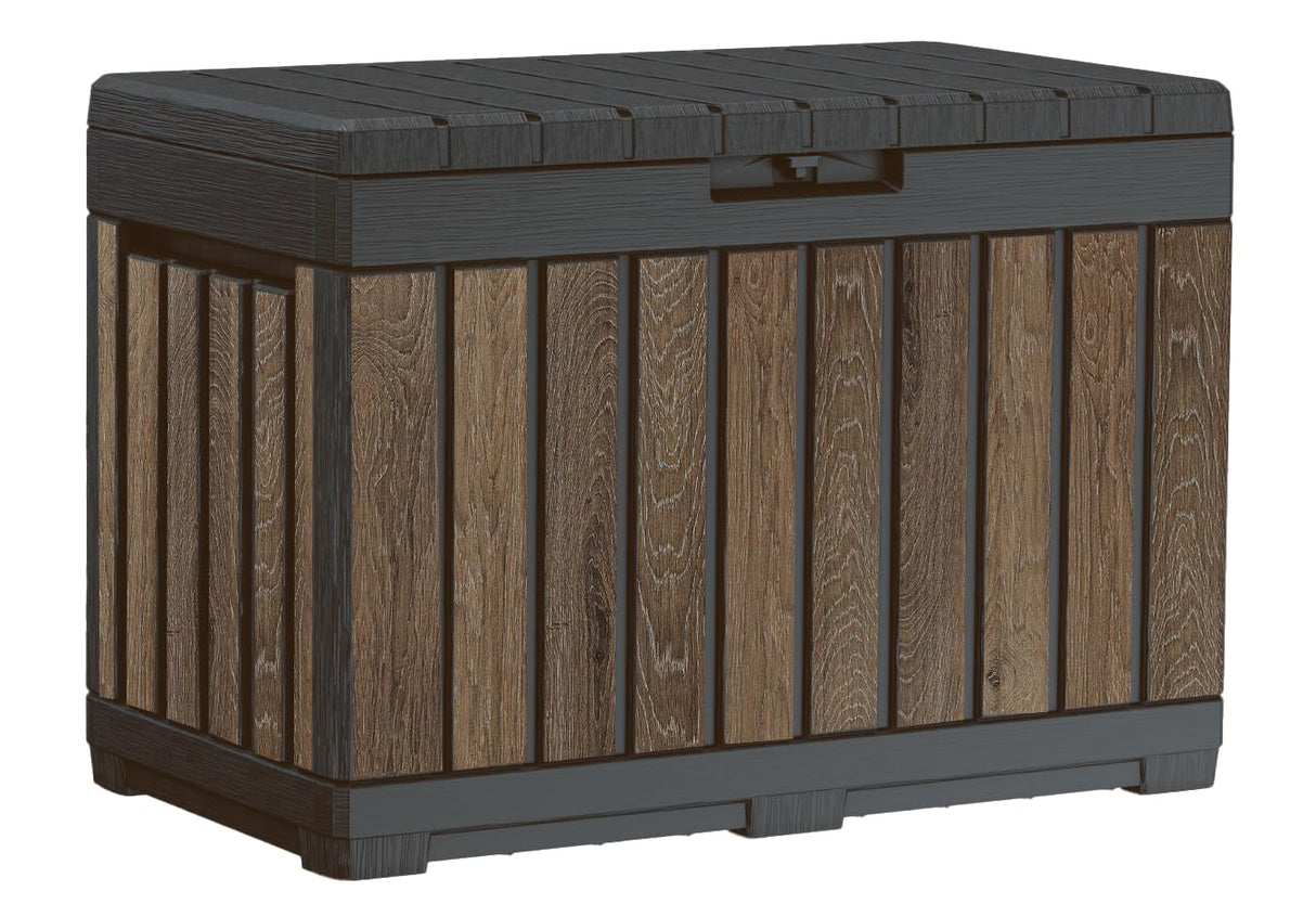 Keter Signature Everwood 50 Gallon Resin Deck Box-Organization and Storage for Patio Cushions, Throw Pillows and Garden Tools, Walnut Keter