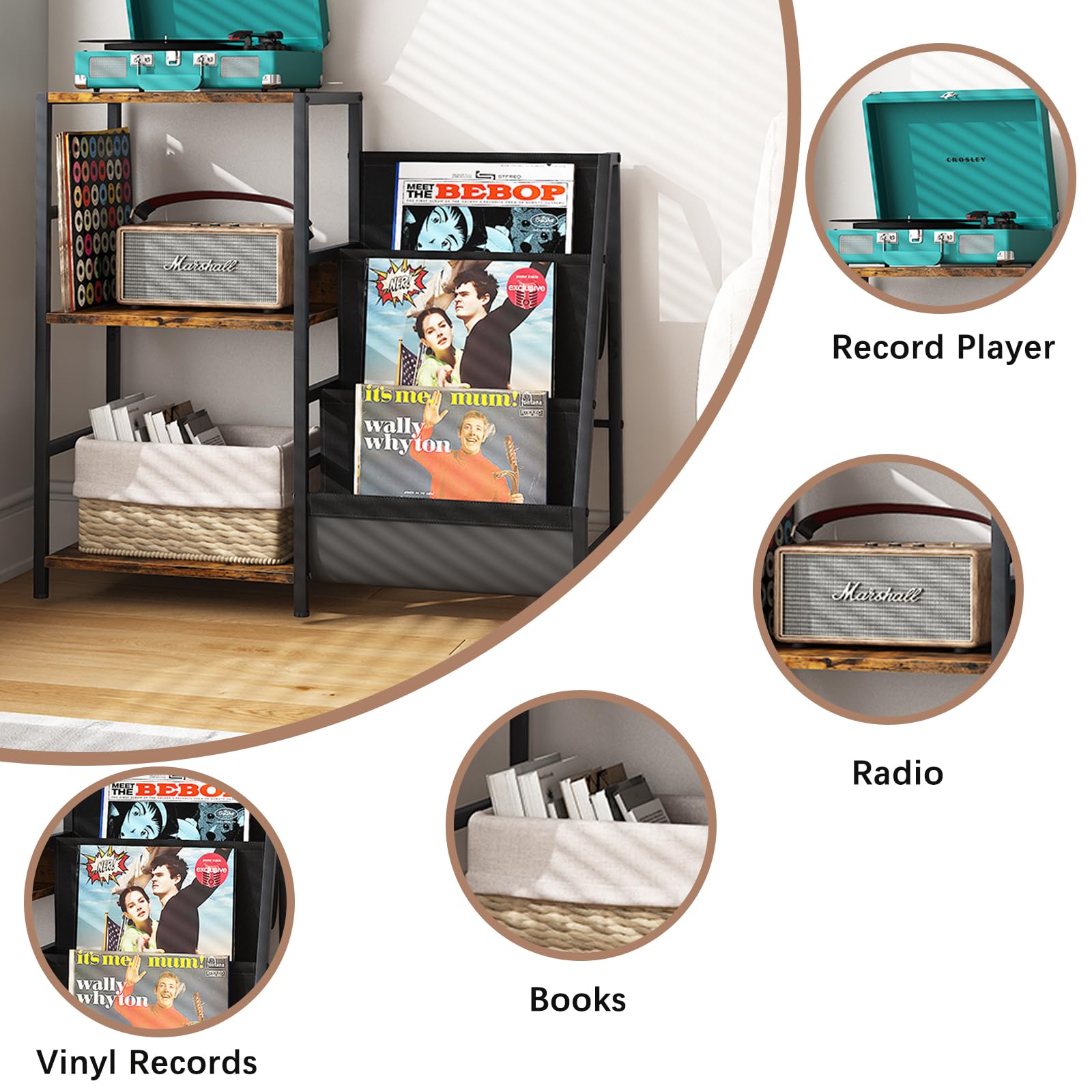 Arbuxzuy Modern 3 Tier Record Player Stand with Vinyl Storage & Display Shelf in Brown - WoodArtSupply