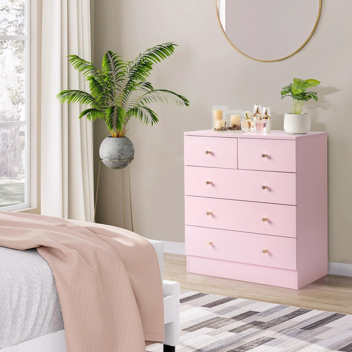 Karl home Pink 5 Drawer Dresser for Bedroom, Modern Wood Dresser Chest of Drawers, Pink Bedroom Dressers for Girls, Anti-Tipping Device, Rose Gold Metal Handle, Living Room, Entryway, Hallway, Office Karl home