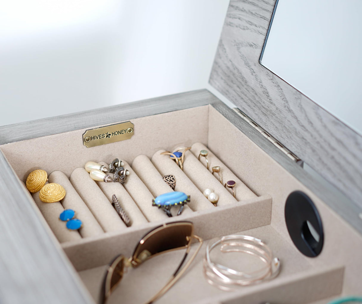 Hives and Honey Landry Smoke Grey Jewelry Armoire Standing Cabinet with Mirror and Necklace, Earring, Bracelet Storage Hives and Honey