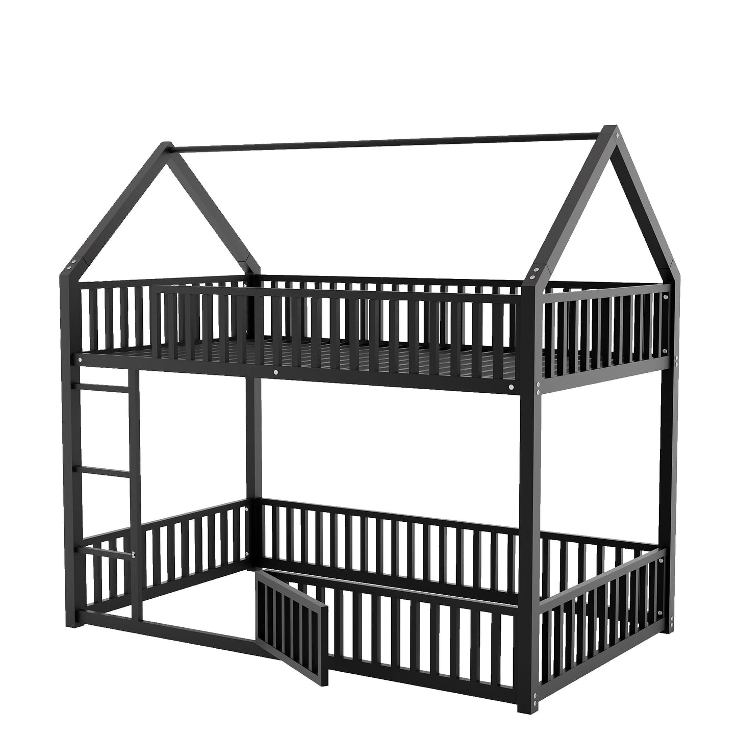 RuiSiSi Twin Over Twin Metal Bunk Bed, House Bunk Bed with Safety Guardrails and Roof Design for Kids, Twin Floor Bunk Beds for Bedroom, Space Saving, No Box Spring Needed, Black