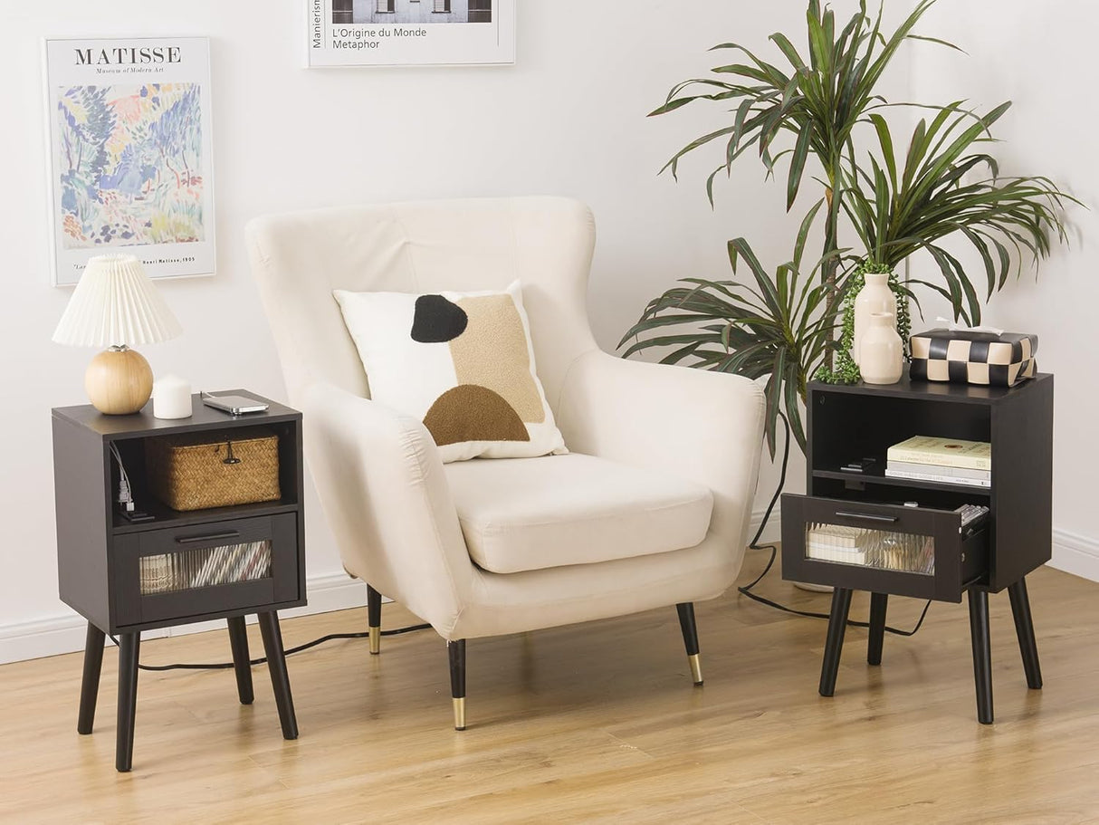 i-VTIES Nightstand with Charging Station,Mid Century Bedside Tables Set of 2, End Table Side Table with Drawer,for Bedroom, Living Room(Black) i-VTIES