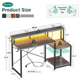 AODK Computer Desk, 48 Inch Gaming Desk with Led Lights & Power Outlet, Office Desk with Printer Storage Shelves, Reversible Desk with Monitor Shelf & Headphone Hook, Grey Oak AODK
